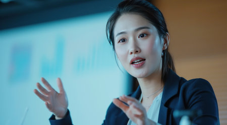 Asian businesswoman in office presenting an infographic to a client presentation.の素材