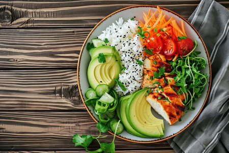 a veggie plate with rice, chicken and avocado on a wooden table.の素材