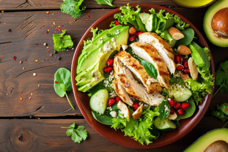 avocado chicken salad on wooden table.の素材