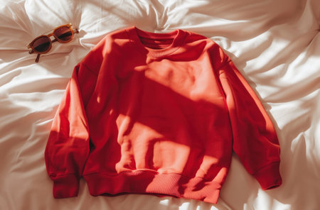 a red sweatshirt is laying on a bed.の素材