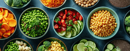 all kinds of fruits and vegetables in bowls.の素材