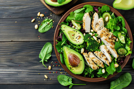 avocado chicken salad on wooden table.の素材