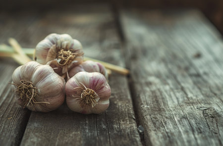 garlic growing from a wooden table.の素材