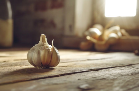 clove of garlic on a wooden table.の素材