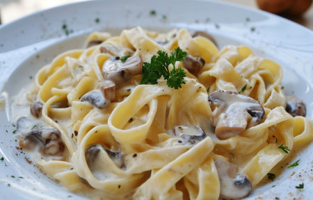fettucini with mushrooms and garlic in creamy polenta.の素材