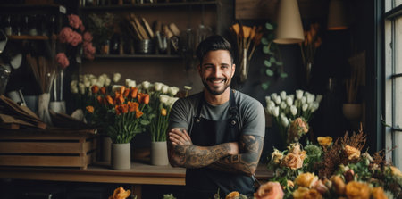 florist man with tattoo standing in his shop.の素材