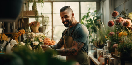florist man with tattoo standing in his shop.の素材