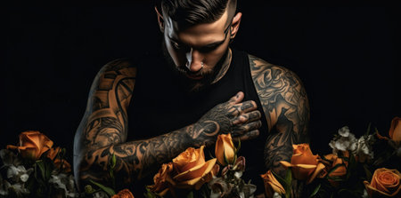 florist man with tattoo standing in his shop.の素材