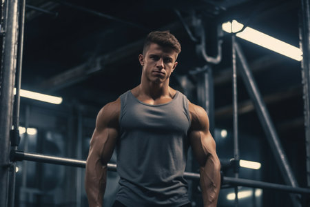 muscular young man posing in the gym muscle.の素材