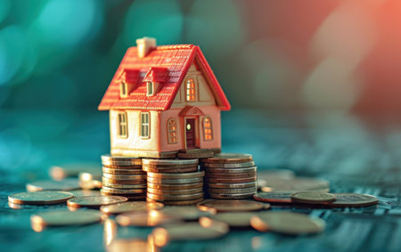 miniature house in stack of coins.の素材