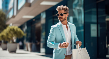 man in tan blazer and sunglasses holding shopping bag.の素材