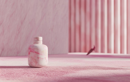 small marble bottle on pink background.の素材