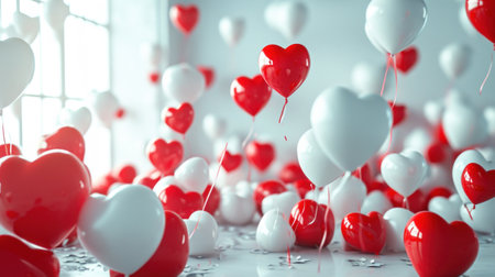 images of red and white balloons in a room.の素材