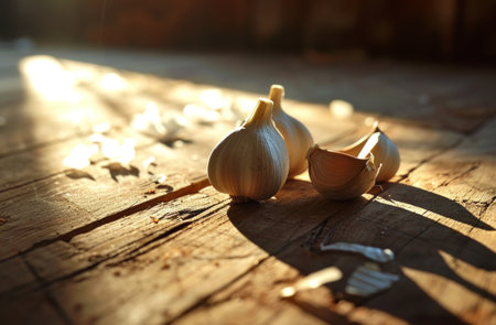 three cloves of garlic close up on the wooden flooring.の素材
