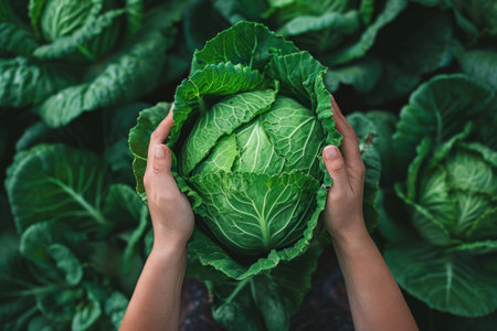two hands reach up to a huge cabbage.の素材