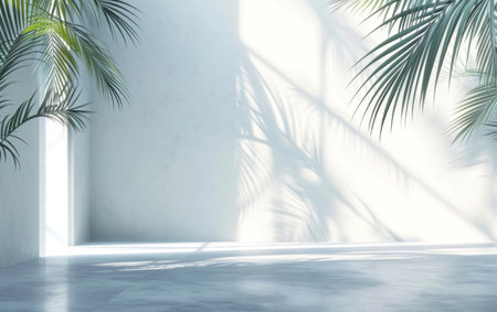 white room with gray walls is shown with palm leaves hanging from the ceiling or hanging in the window.の素材