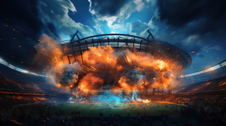 Packed with fervent fans, the stadium pulses with energy as athletes compete in a gripping sports event.の素材