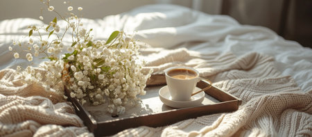 a tray containing coffee and a flower arrangement on top of a bed.の素材