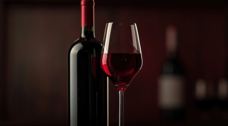 a glass of red wine on a table with cranberries on the top.の素材