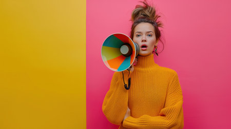 beautiful woman with megaphone against vivid minimalist background with copy space.の素材