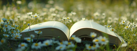 an open book in the field with daisies.の素材