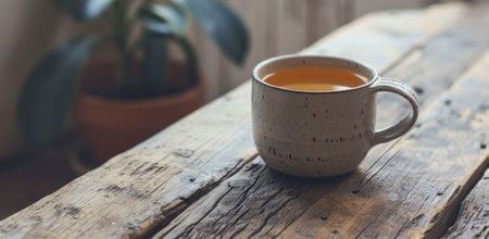 a cup of tea and a bundle of dried leaves on a wooden table.の素材
