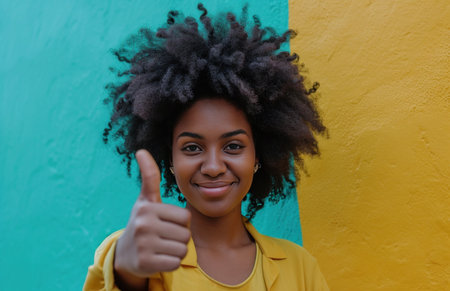 beautiful african american woman with a afro showing her thumb.の素材