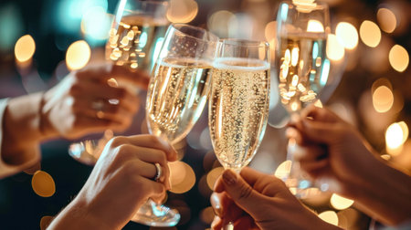 Celebratory toasts in a chic setting, featuring sparkling glasses and a touch of glamor.の素材