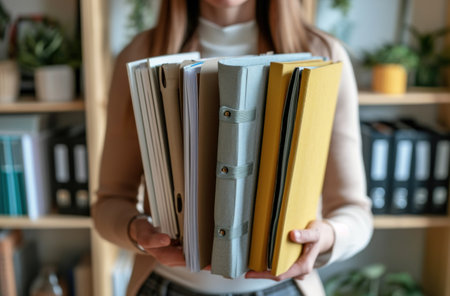 businesswoman at home office holding files with folders.の素材