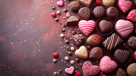 Candy hearts, chocolates, and delightful treats set against a love-filled background.の素材