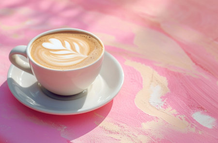 coffee cup on a pink background with latte art.の素材