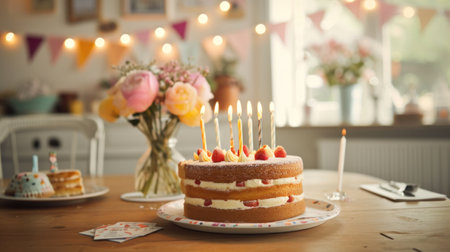 Decorative bunting, cake, and birthday wishes set a warm celebratory atmosphere.の素材