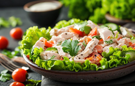 chicken salad on table with vegetables.の素材