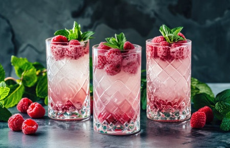 cocktails with raspberries and mint topped in three glasses.の素材