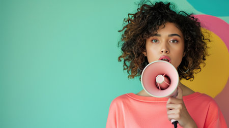 beautiful woman with megaphone against vivid minimalist background with copy space.の素材