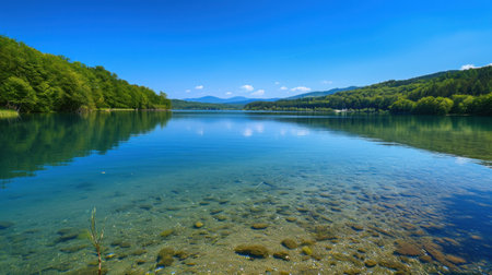 Crystal-clear lake waters mirroring the azure sky, a serene and picturesque summer backdrop.の素材