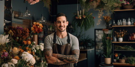 florist man with tattoo standing in his shop.の素材