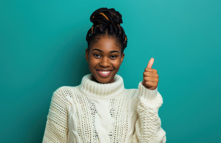 ctp afroamerican young woman in white sweater with thumbs up while pointing to right.の素材