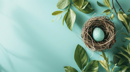 a bird nesting a blue egg on blue background.の素材