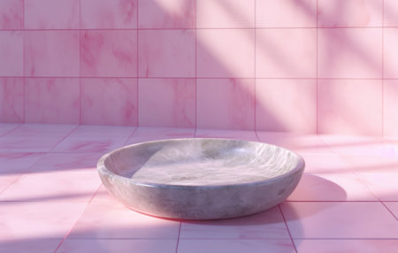 a plate in stone on a pink tiled background.の素材