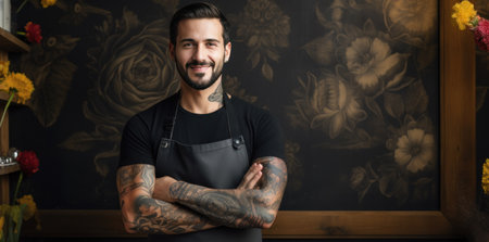 handsome florist man standing with arms crossed.の素材