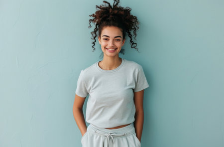 standing with her hands in her pockets and smiling.の素材