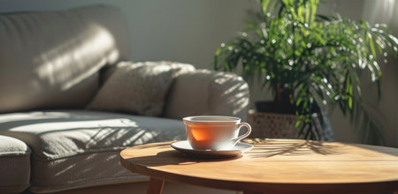 a cup of tea and a bundle of dried leaves on a wooden table.の素材