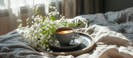 a tray containing coffee and a flower arrangement on top of a bed.の素材