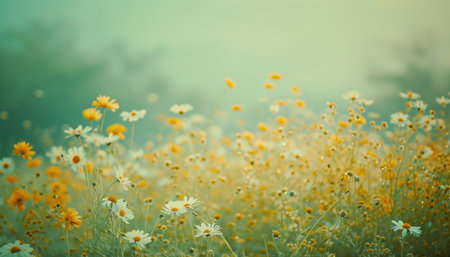 an image of a green field with blooming flowers.の素材