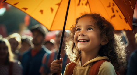 a young girl holding an umbrella in a crowd at a festival.の素材