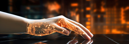 robot and human reaching into each other like an interconnected screen.の素材