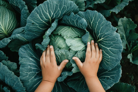 two hands reach up to a huge cabbage.の素材