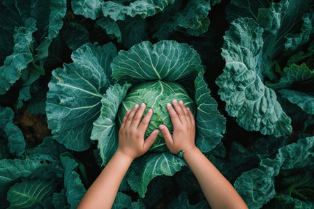 two hands reach up to a huge cabbage.の素材