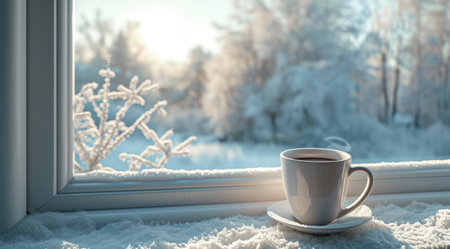 a winter cup of coffee on a window sill near trees.の素材